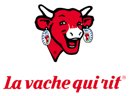 A logo for la vache qui rit with a red cow wearing earrings