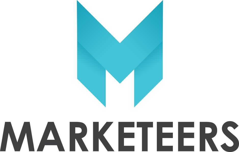 A logo for marketeers with a blue m on a white background