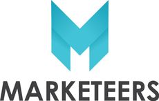 A logo for marketeers with a blue m on a white background