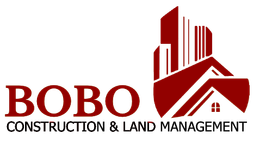 A red and white logo for bobo construction and land management