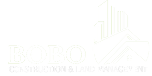 A white logo for a construction company with a building in the background.