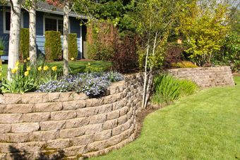 A brick wall surrounds a lush green lawn in front of a house.