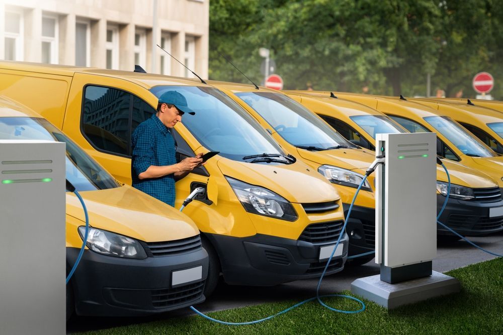 Man Stands Next to Yellow Electric Delivery Vans — EV Charger Installation in Wagga Wagga