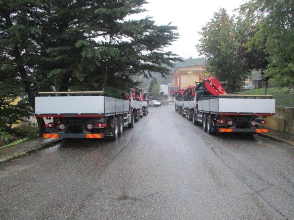 Due file di camion a pianale con gru rosse sono parcheggiate lungo una strada bagnata fiancheggiata da alberi.