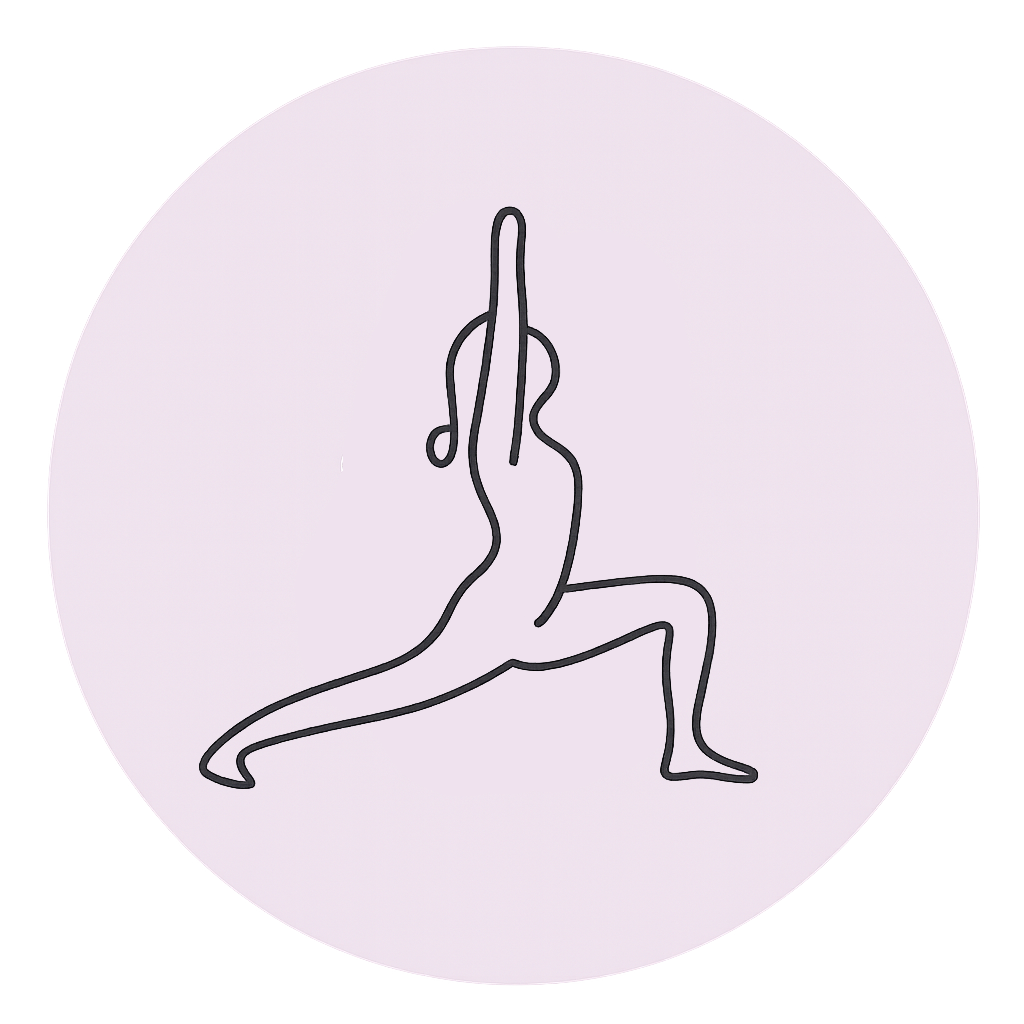 Silueta de persona en pose de yoga, estocada alta, brazos levantados, en un círculo lavanda.