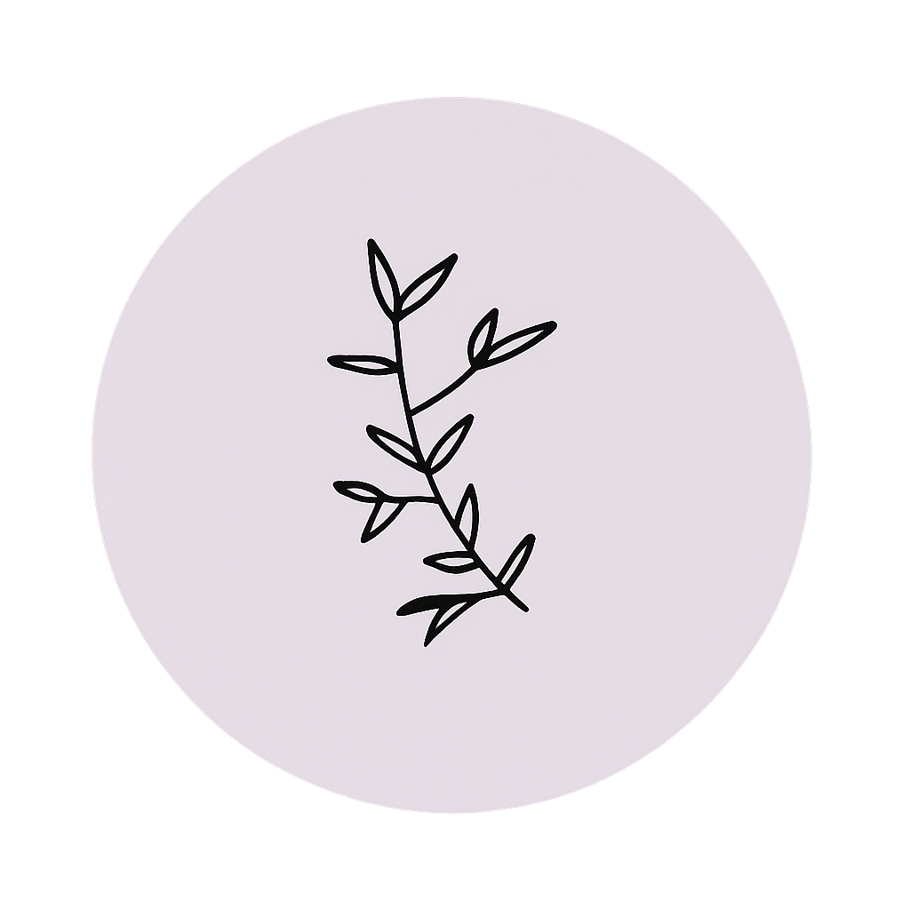 Ramita de hojas negras sobre un fondo de círculo de color violeta claro.