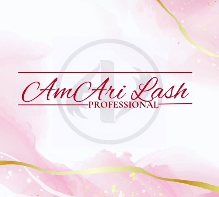 A pink and gold logo for am ari lash professional
