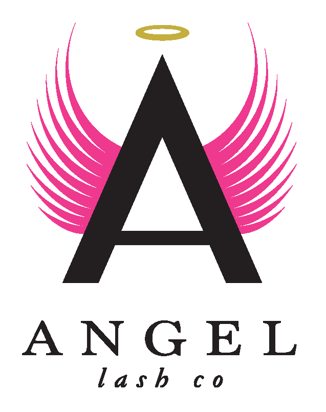 A logo for angel lash co. with a letter a and pink wings