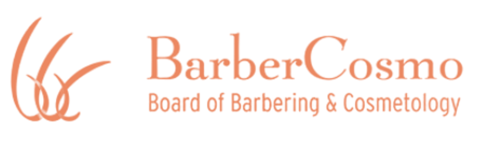 Peach logo for the California Board of Barbering & Cosmetology featuring an abstract hair-like design.