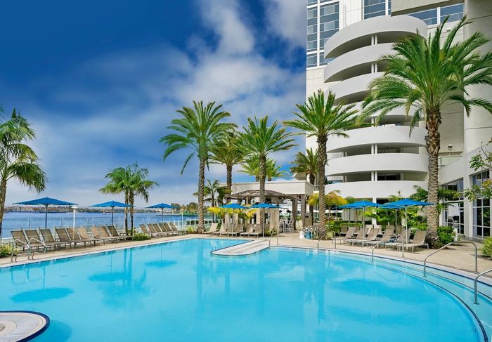 Pool area with lounge chairs, palm trees, and waterfront view near a tall white building under a blue sky.
