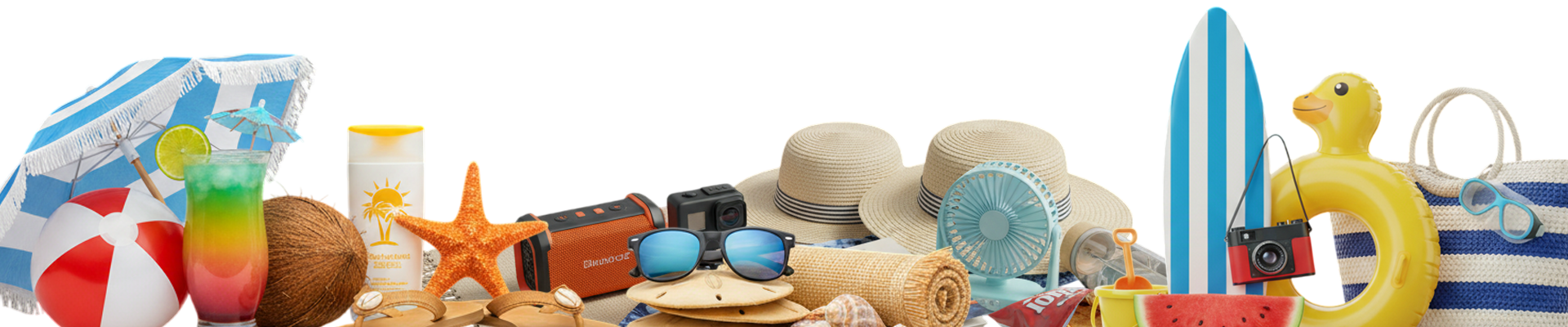 Beach scene with various summer items like a beach ball, sunglasses, surfboard, and hats.