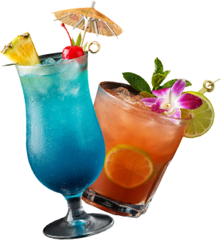 Two tropical cocktails: blue in a hurricane glass with pineapple, red cherry, and umbrella; orange with lime and flower.