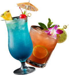Two tropical cocktails: blue in a hurricane glass with pineapple, red cherry, and umbrella; orange with lime and flower.