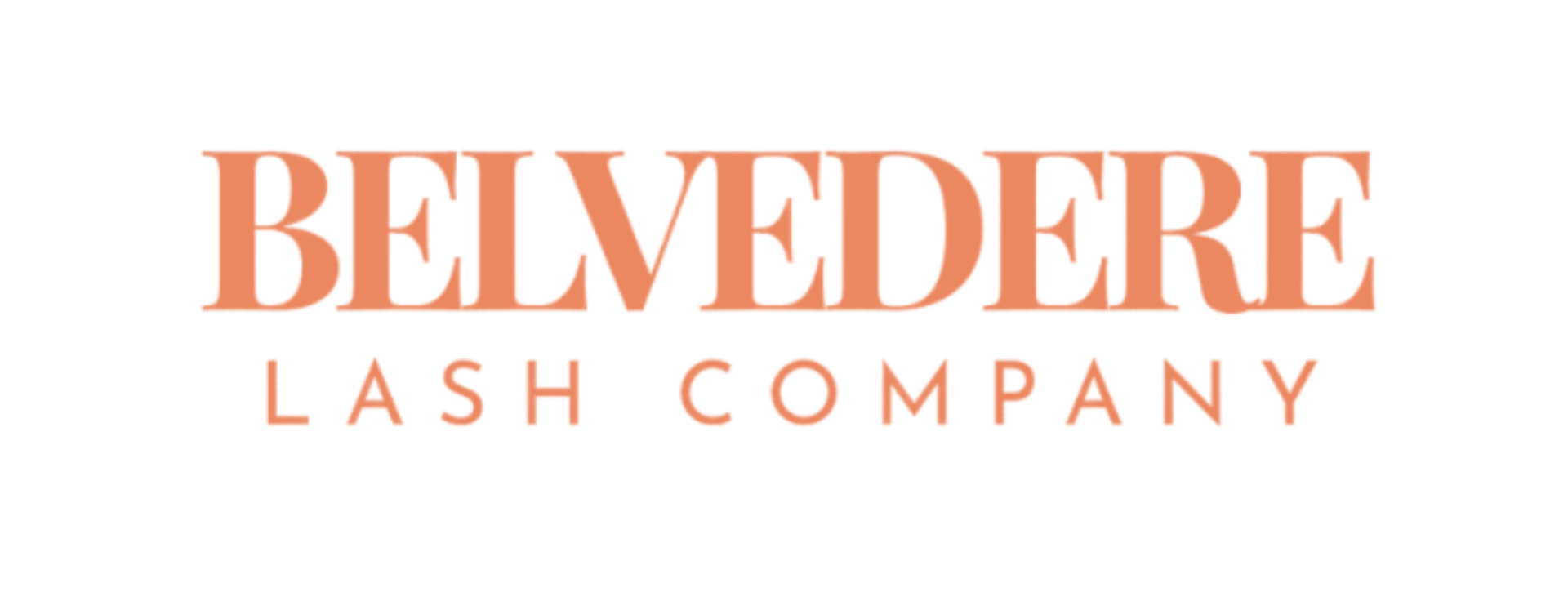Logo for Belvedere Lash Company, featuring the name in peach-colored serif font on a white background.