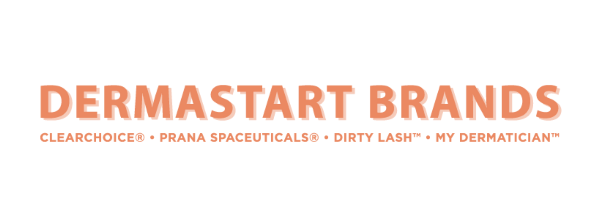 The DermaStart Brands logo featuring the company name in coral text above a list of its brands in smaller grey font.