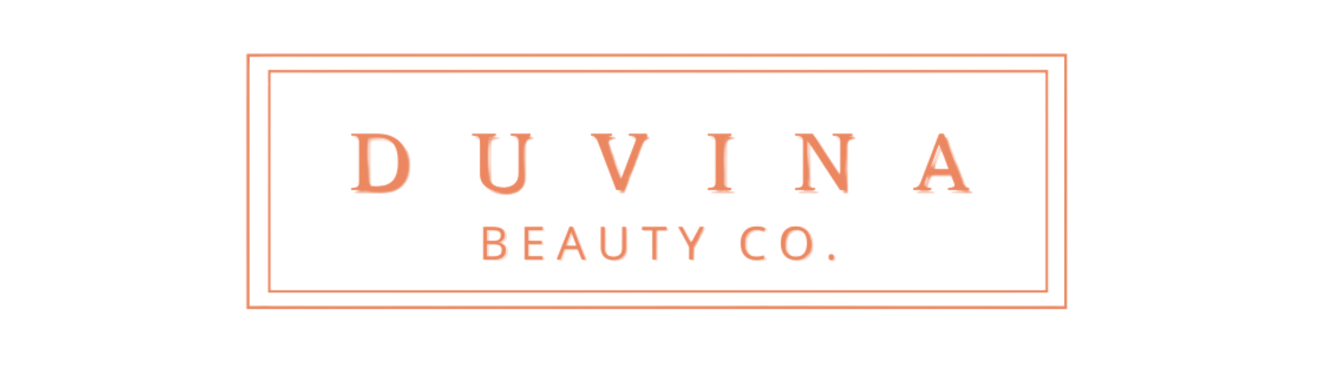 A logo for Duvina Beauty Co. with rose gold serif text inside a thin, rectangular rose gold frame on a white background.