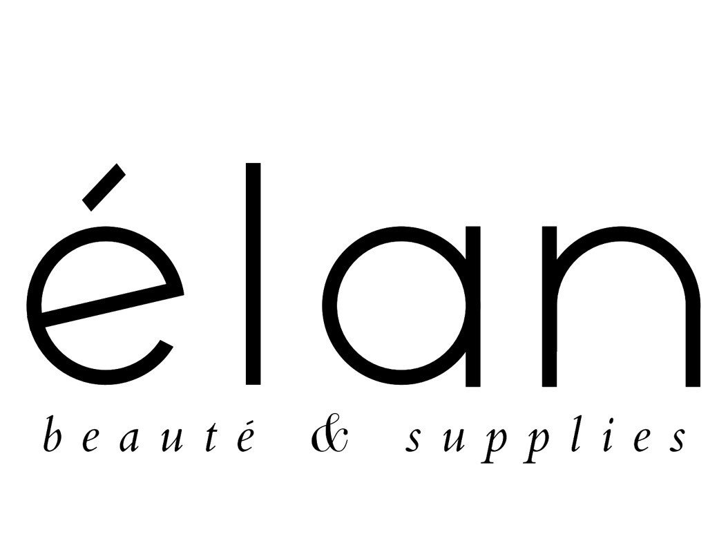 A black and white logo for elan beauty and supplies.