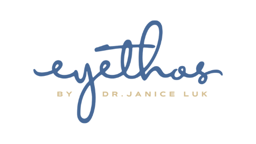 A blue logo for eyethos by dr. janice luk on a white background.