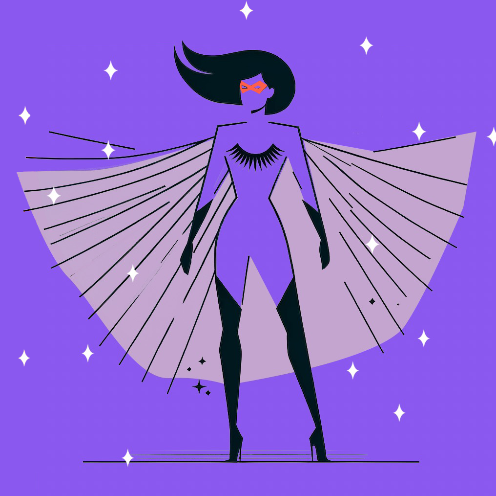 A woman in a superhero costume is standing on a purple background