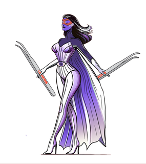 A woman in a purple and white costume is holding two swords.