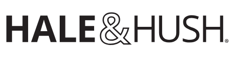 A black and white logo for hale & hush on a white background.