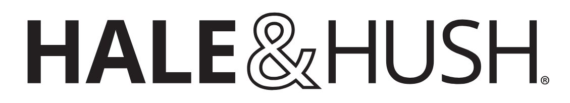 A black and white logo for hale & hush on a white background.