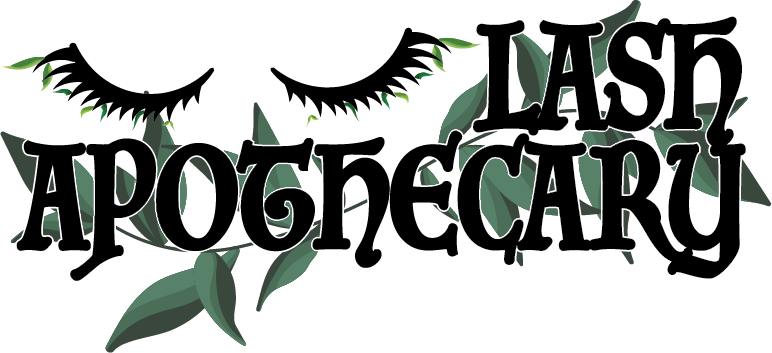 A logo for lash apothecary with a pair of eyes and leaves.
