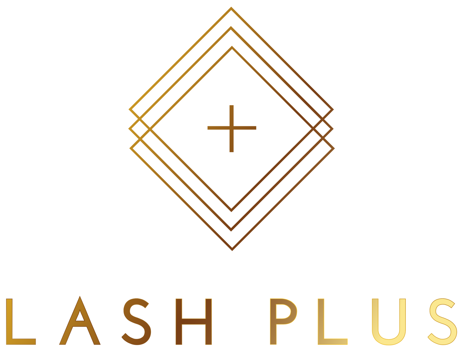 The logo for lash plus is a gold diamond with a cross in the middle.