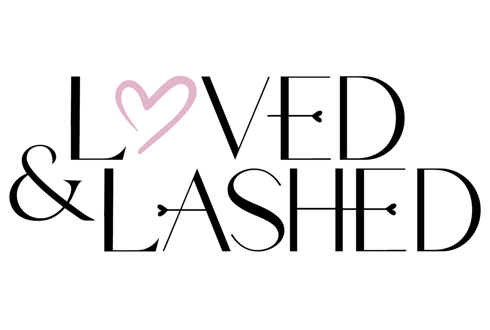 Loved & Lashed logo with black text, a pink heart and a black dash in place of the letter ‘i’
