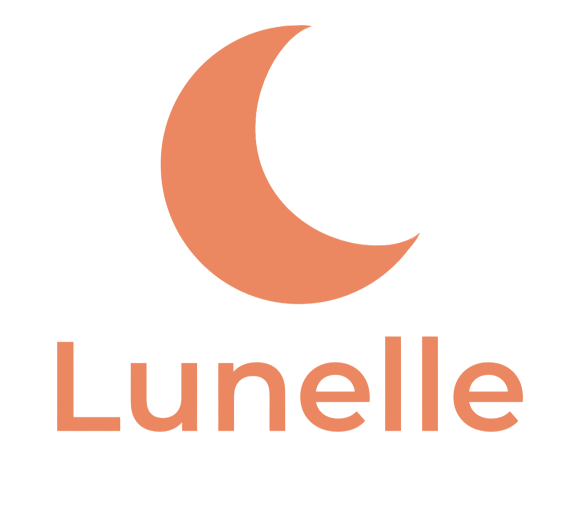 A peach-colored crescent moon logo above the text 