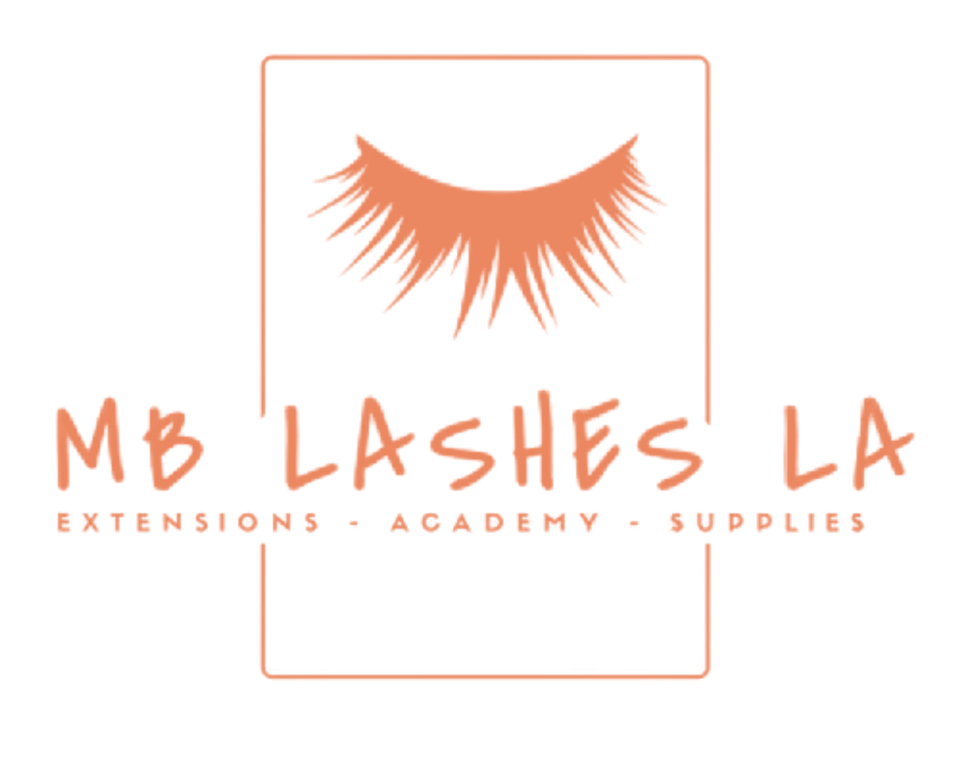 Logo for MB Lashes LA featuring a peach-colored lash icon above the text: MB Lashes LA, Extensions - Academy - Supplies.