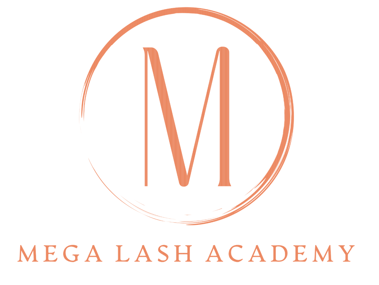 Logo for Mega Lash Academy featuring a large letter M inside a peach-colored brushstroke circle.