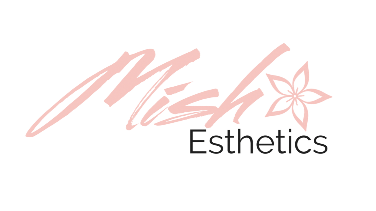 A pink logo for mish esthetics with a flower on a white background.