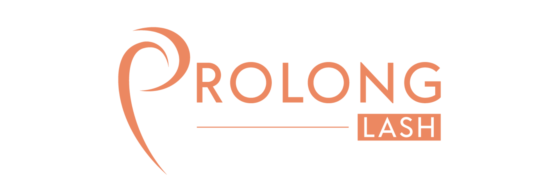 The Prolong Lash logo featuring a stylized 'P' icon, the word 'ROLONG' in peach, and 'LASH' in a peach-bordered box.