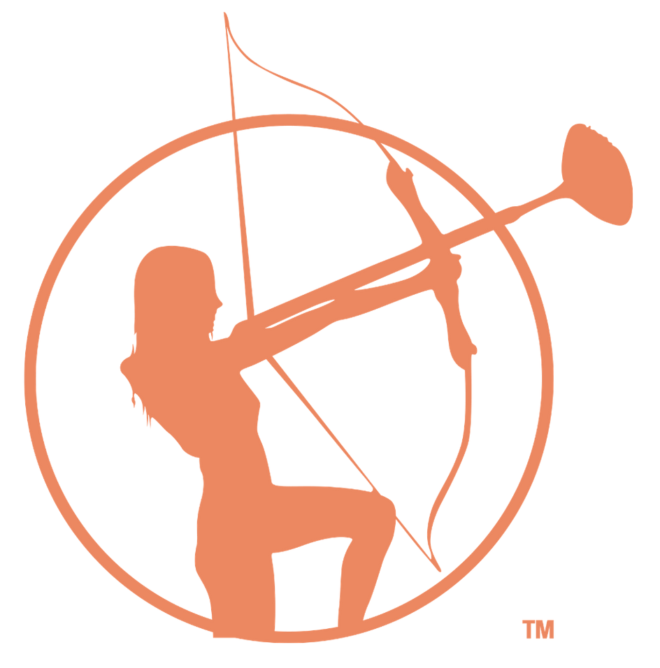 A peach-colored logo showing a silhouette of an archer inside a circle, aiming a bow with an arrow tipped with a microphone.