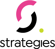 A pink and black logo for strategies with a green circle in the middle.