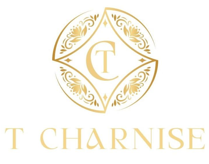 Gold logo: ornate circle with 