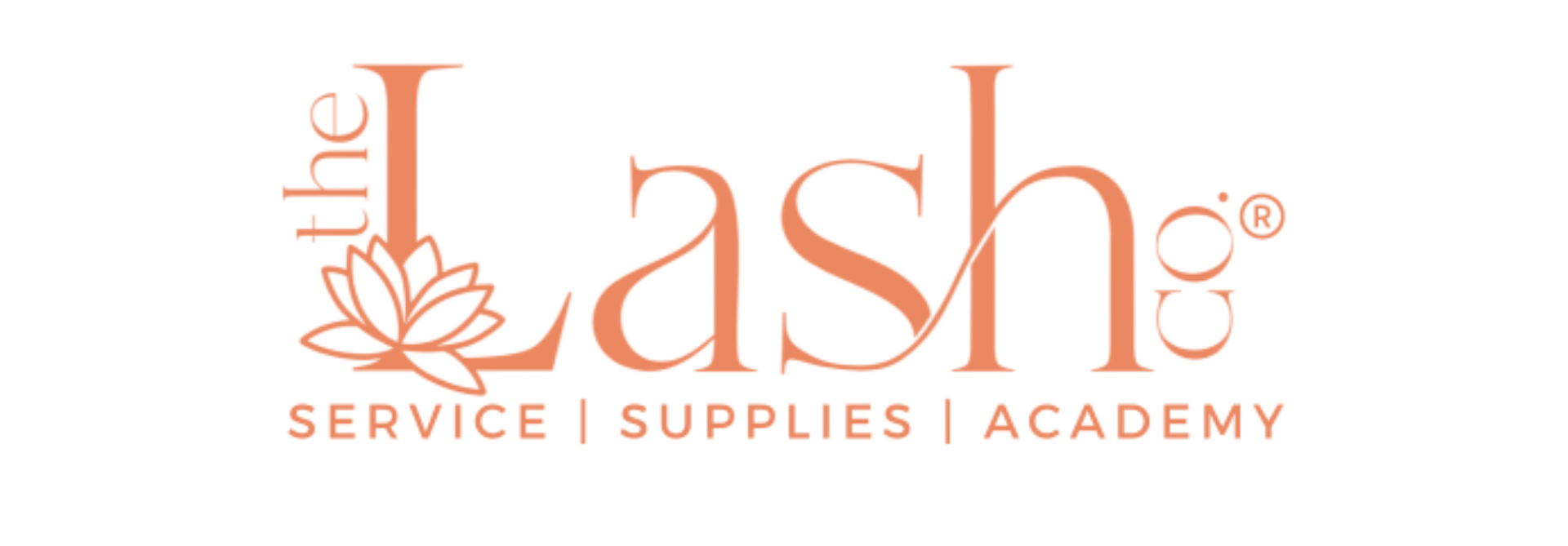Logo for The Lash Co. in peach, featuring a stylized lotus flower next to the text and services listed below.