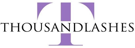 The logo for thousand lashes is purple and white.