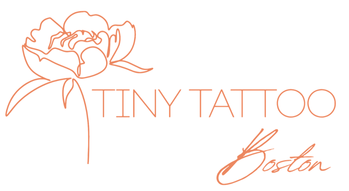 Rose gold line-art flower logo for Tiny Tattoo Boston with elegant text on a white background.
