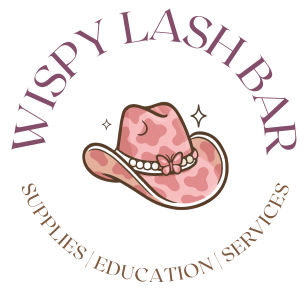 Logo for Wispy Lash Bar with a pink cowgirl hat and text.