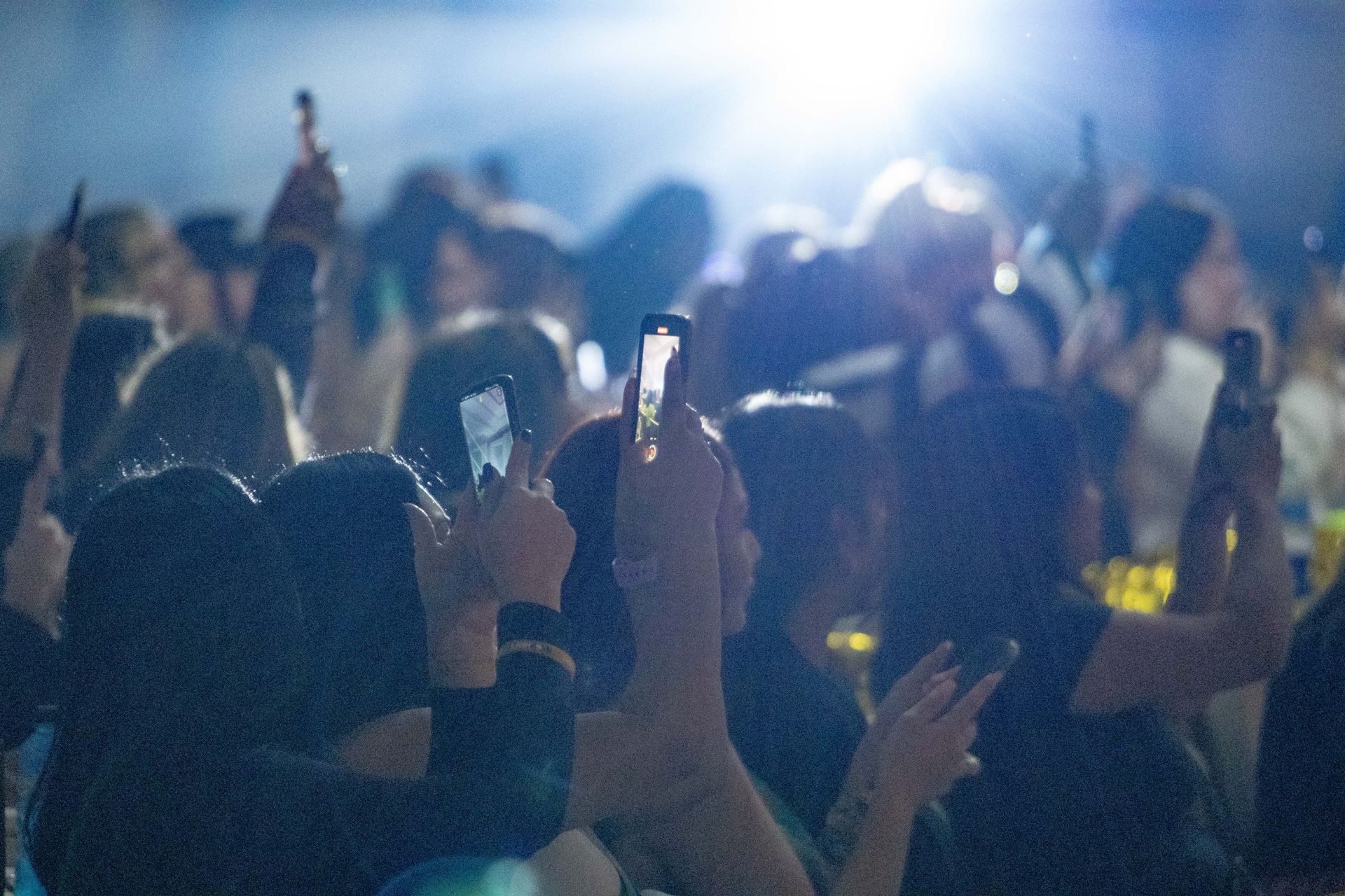 A crowd of people are holding their phones up in the air at a concert.