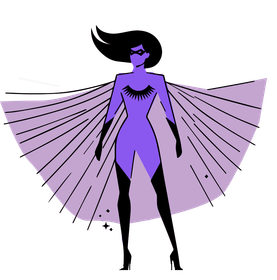 A woman in a purple superhero costume is standing in front of a white background.