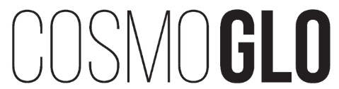 A black and white logo for cosmoglo on a white background.