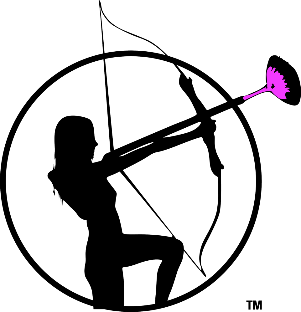 Silhouette of a woman aiming a bow and arrow, with a pink, feathery arrow tip, inside a black circle.