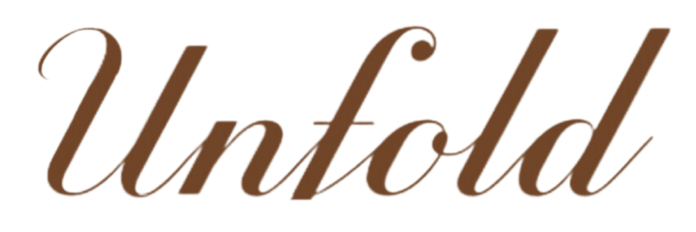 The word unfold is written in brown letters on a white background.