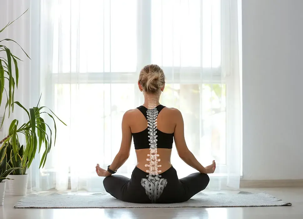 A woman is sitting on a yoga mat in front of a window.