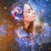 A woman is standing in front of a galaxy with her eyes closed.