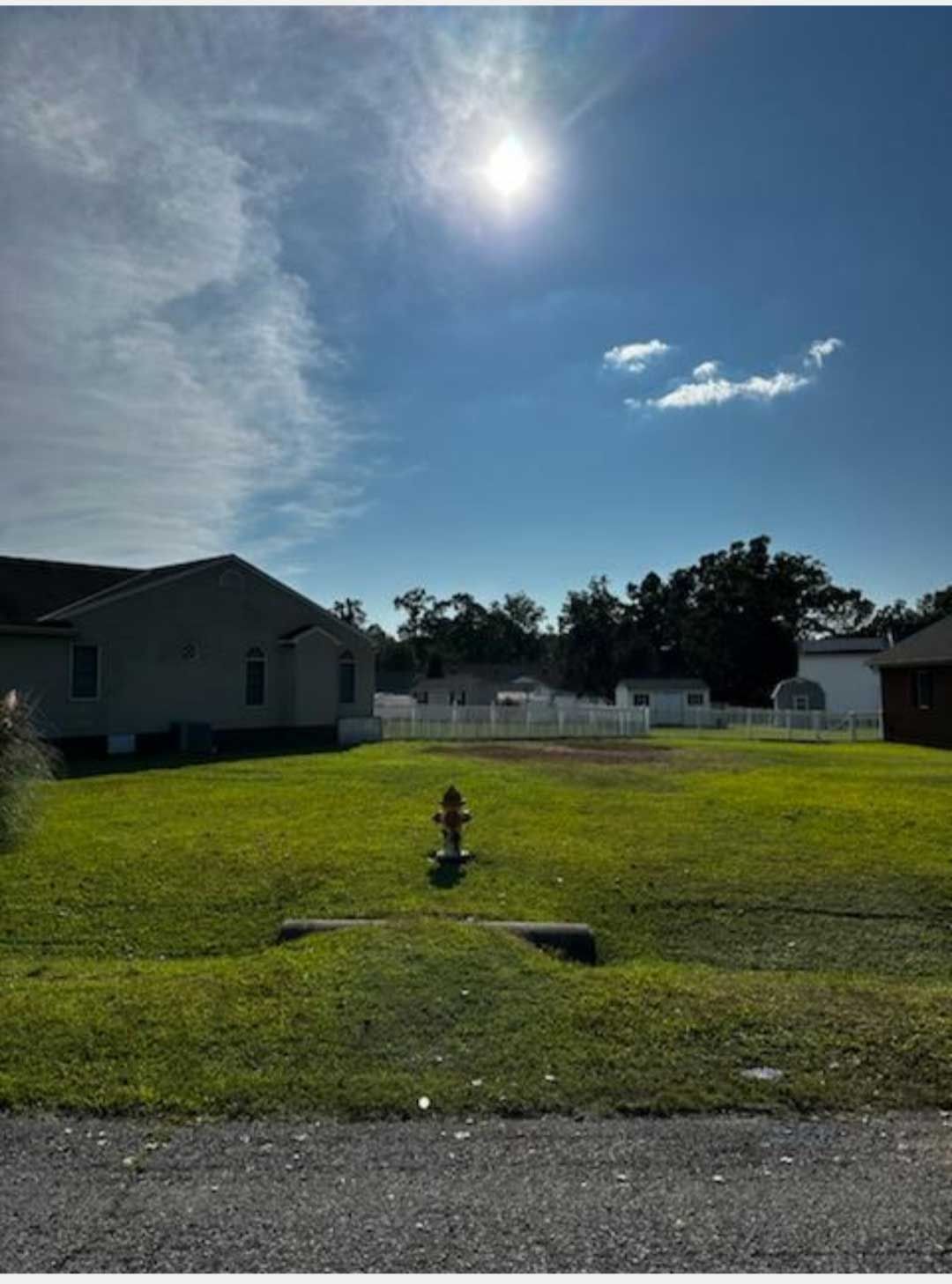 A fire hydrant is in the middle of a lush green field