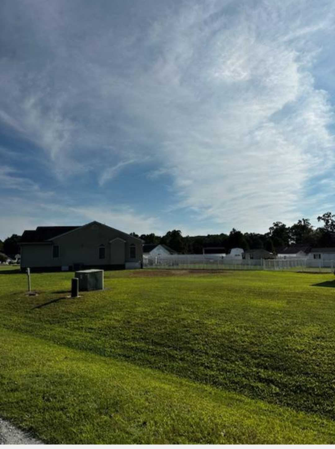 A lush green field with a house in the background